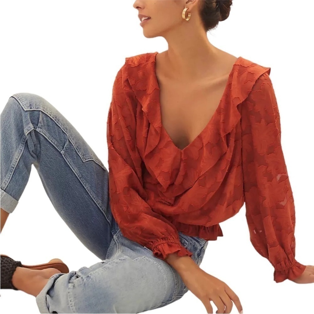 NWT Anthropologie, Textured Floral Crimson Orange Red Open Back Blouse, Size S